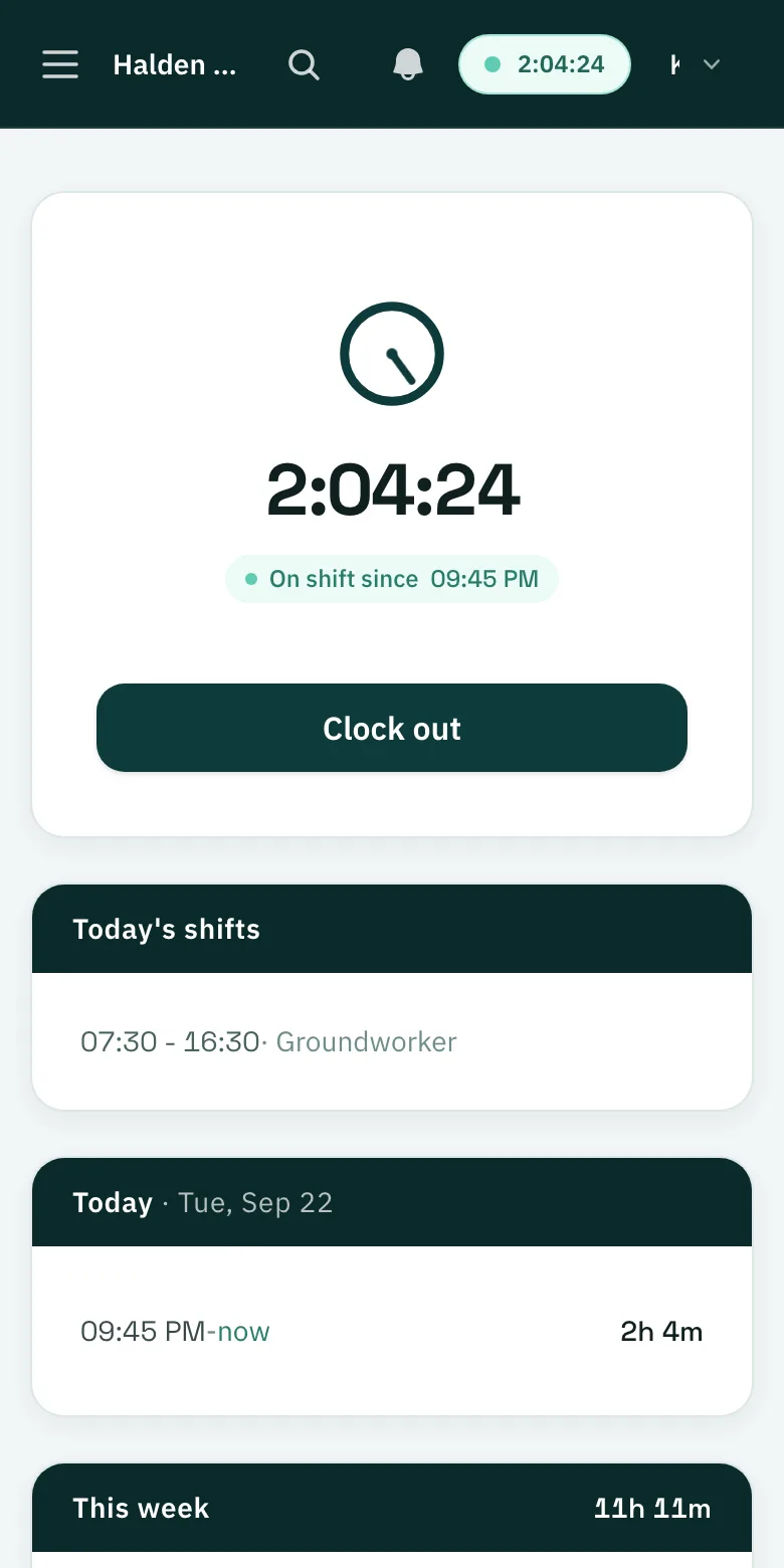 Mobile clock-in screen