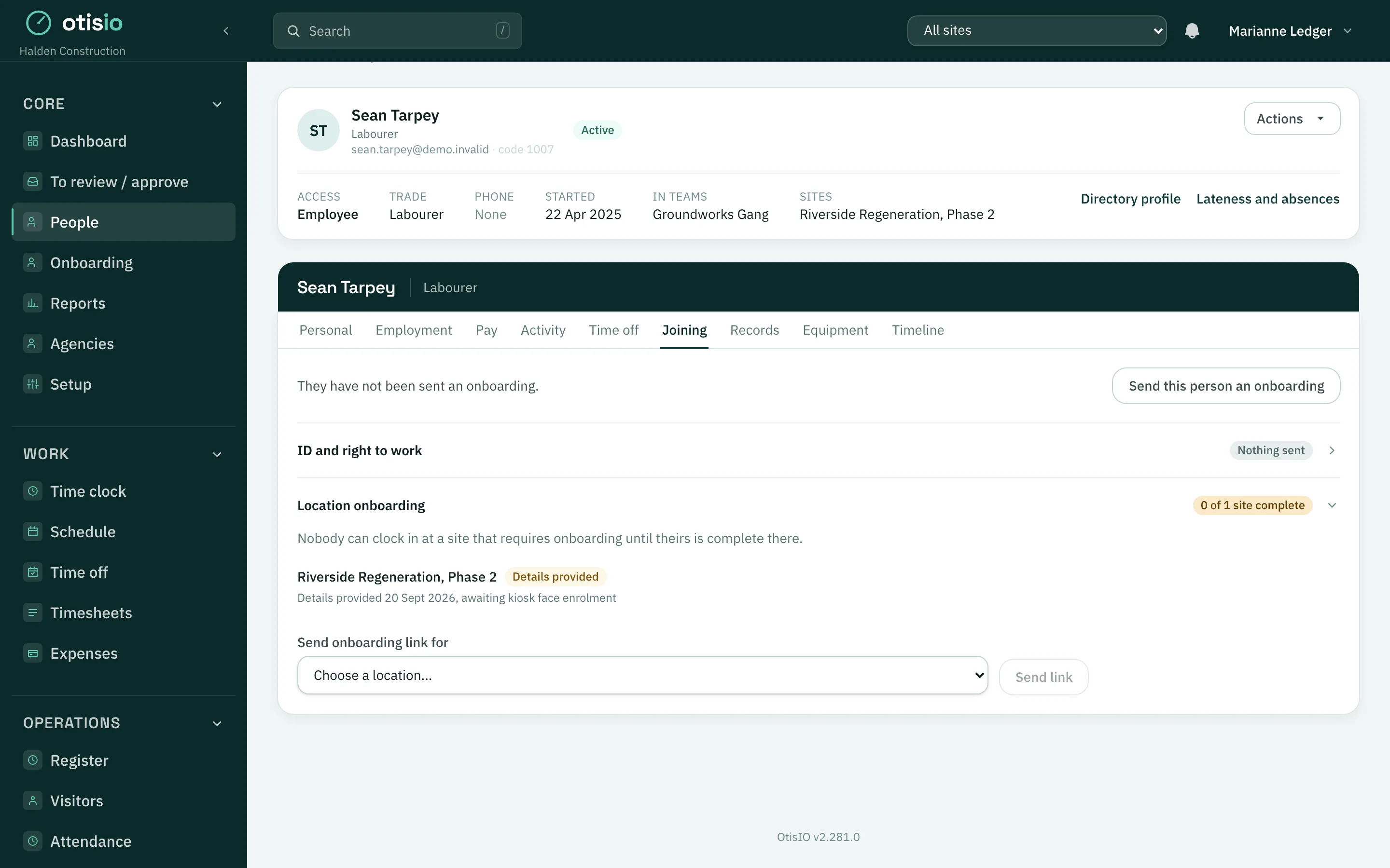 A staff profile showing the ID and right to work step and a site onboarding still to finish