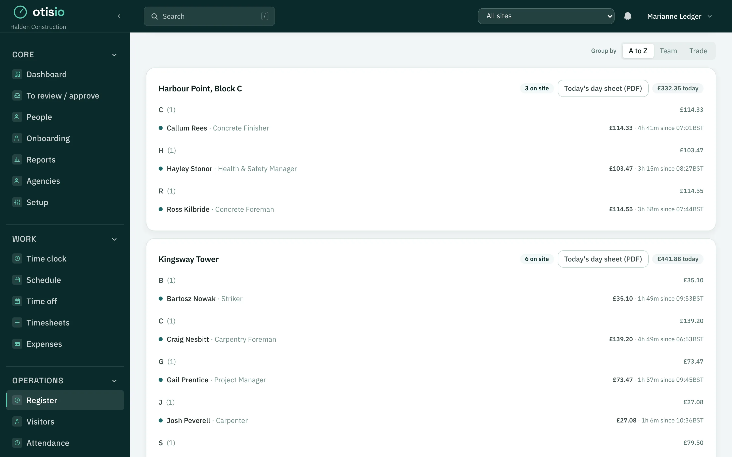 Attendance records with GPS stamps per site