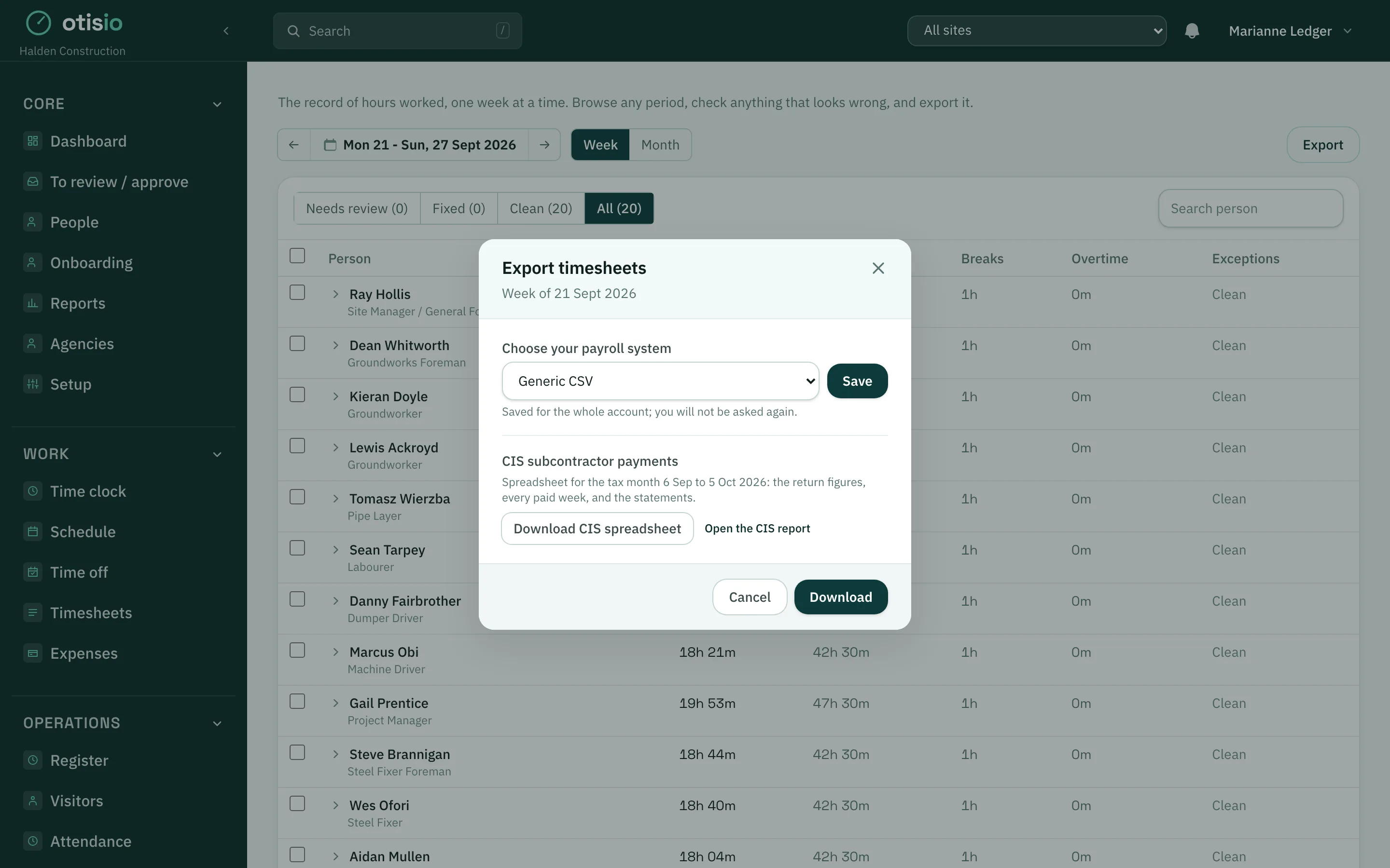 Payroll export summary of approved site hours