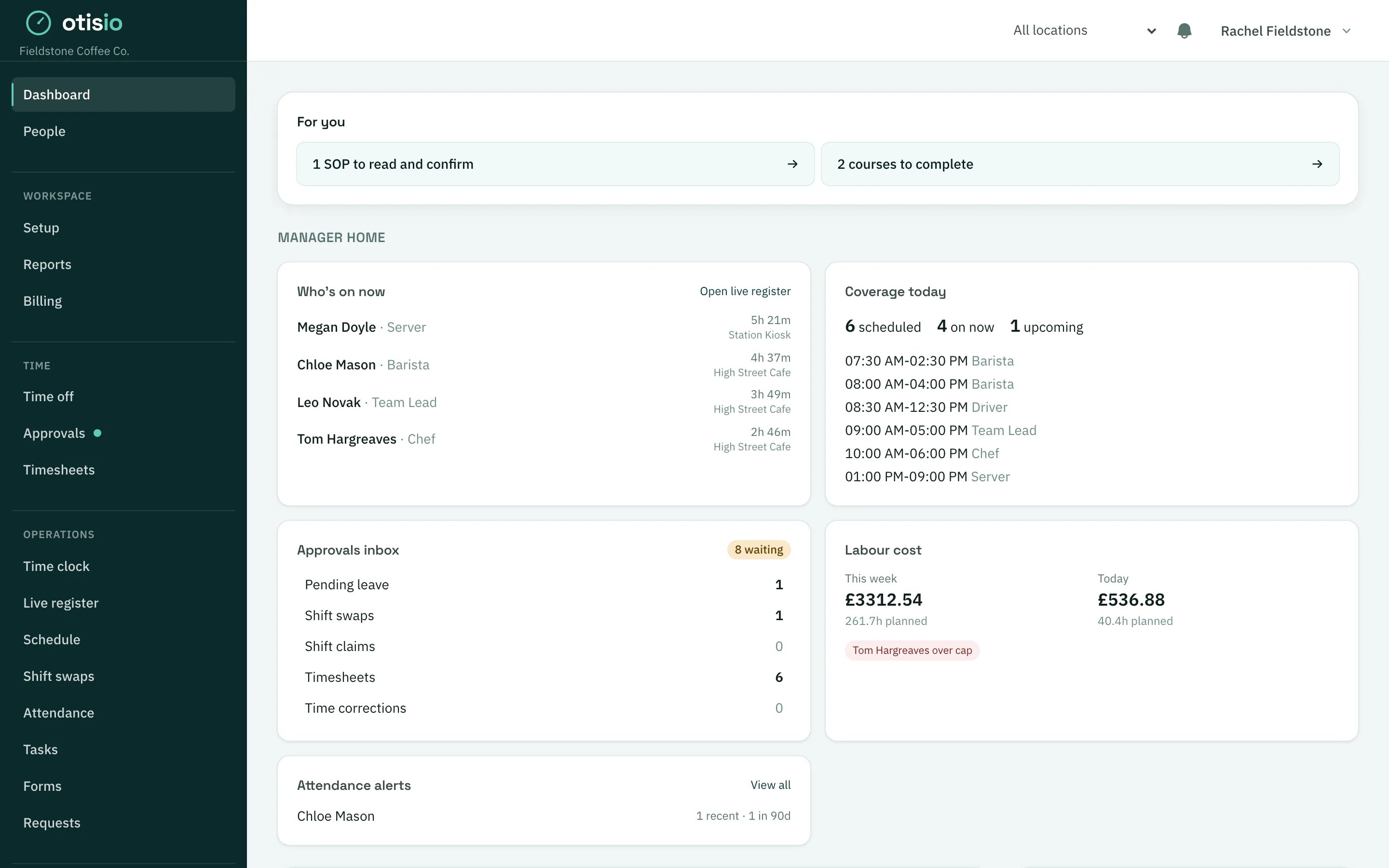 Labour cost and hours summary on the dashboard