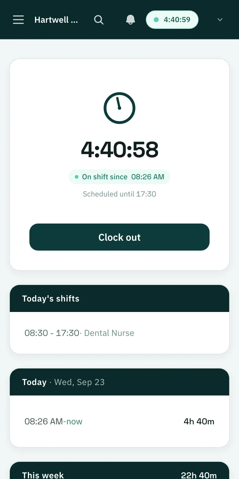 A member of staff clocked in on the staff app