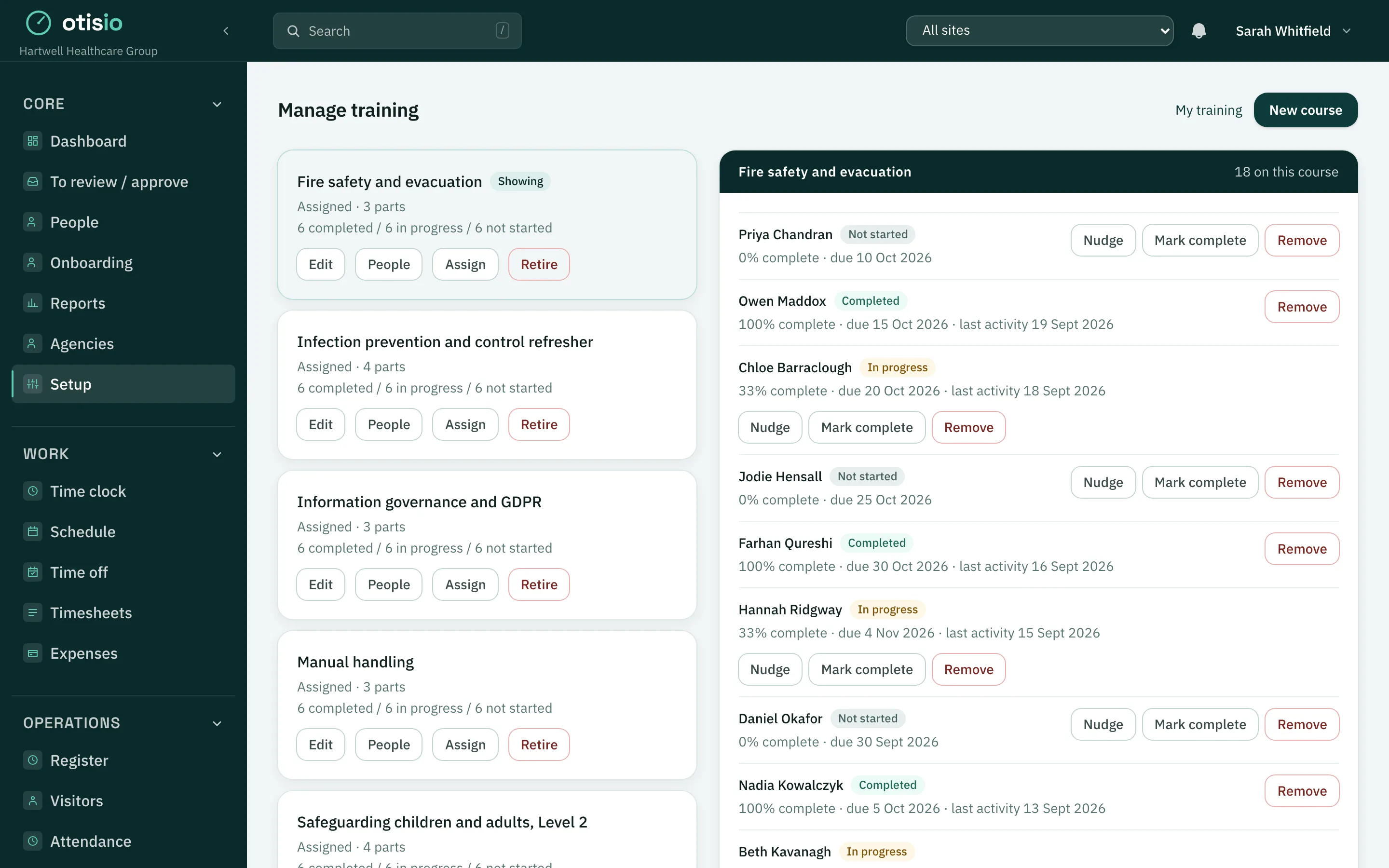Courses with each person's progress and due date