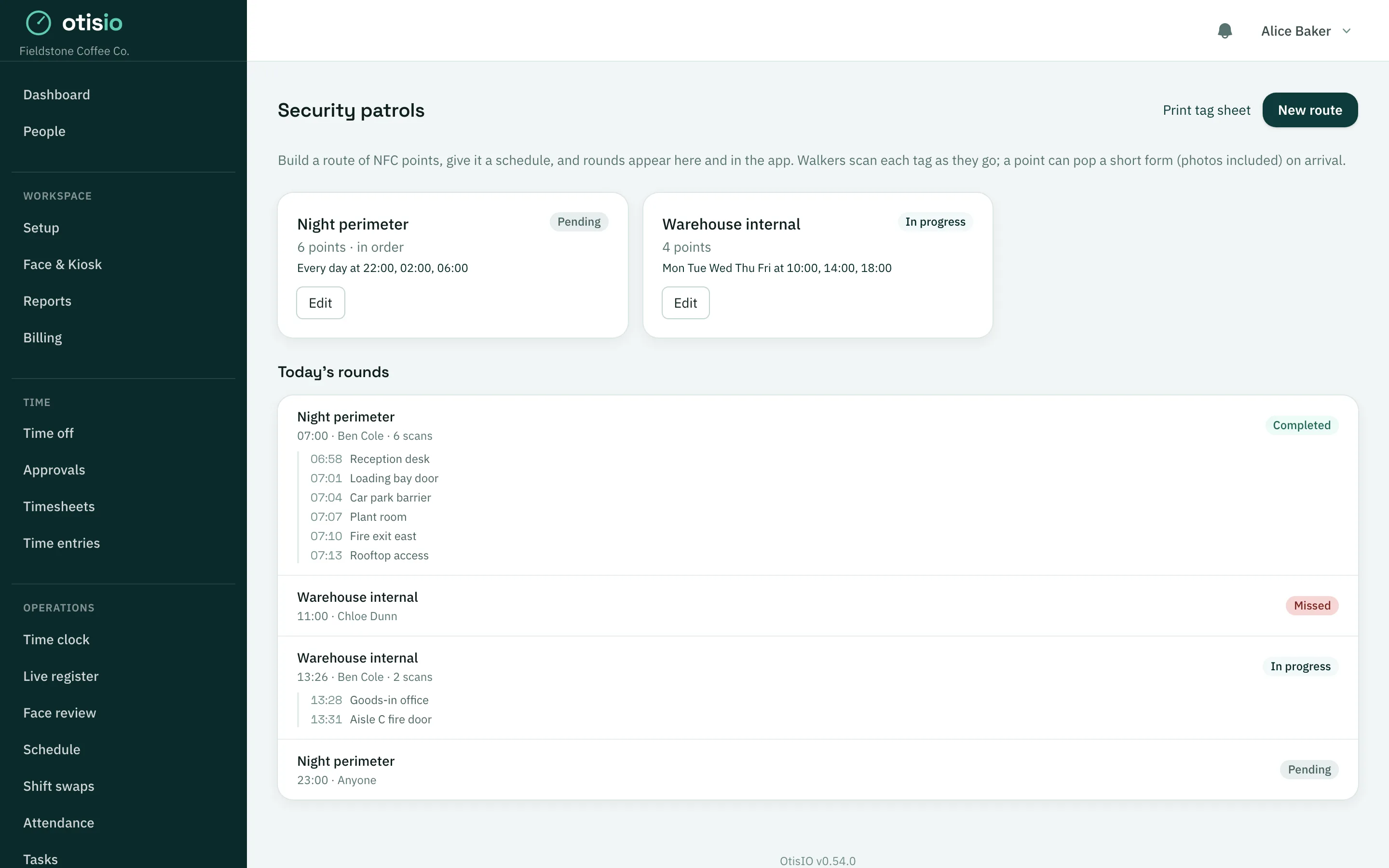 Patrol rounds screen showing scheduled rounds and checkpoint progress