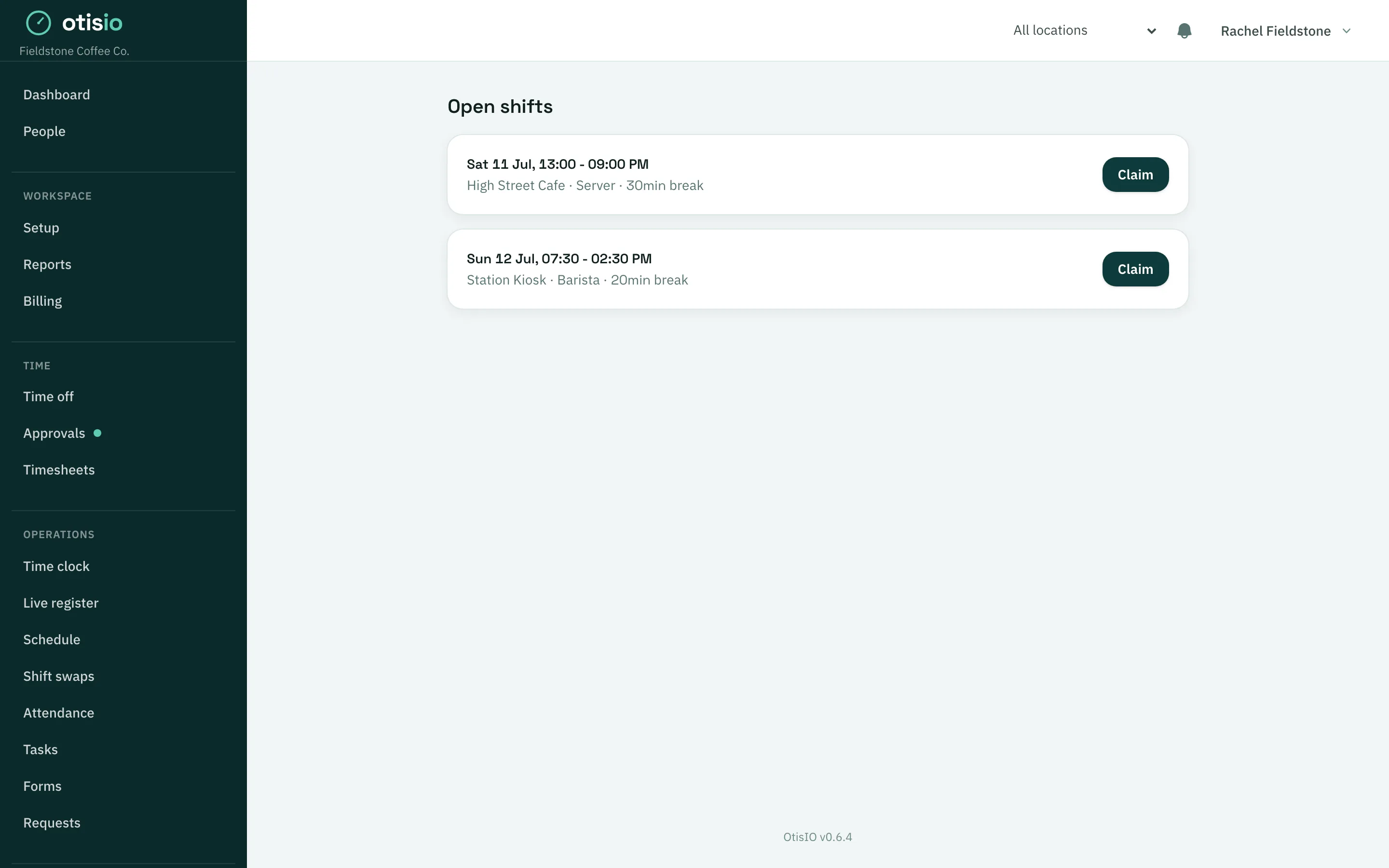 Open shifts list with claim buttons