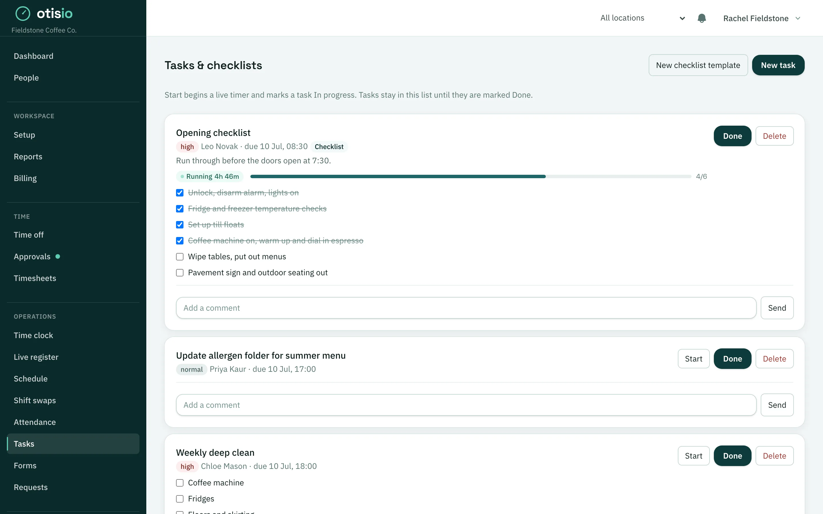 Task list showing assigned tasks with due times and completion status