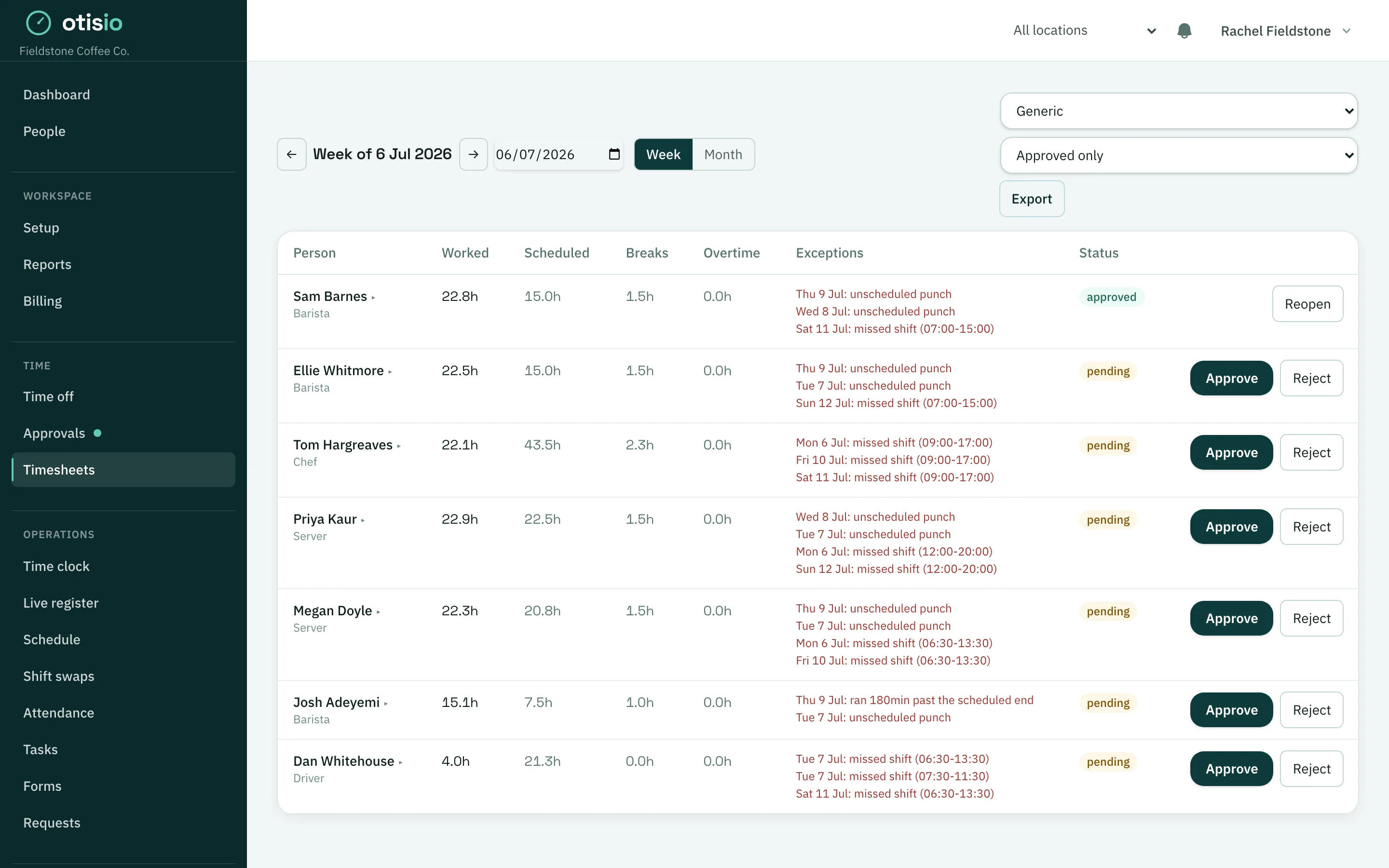 Timesheet approval screen with flagged exceptions
